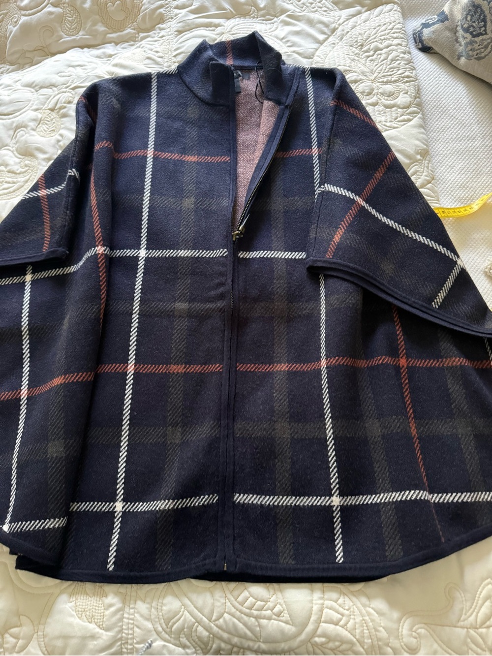 Tahari Navy Plaid Zip-Front Cape Jacket